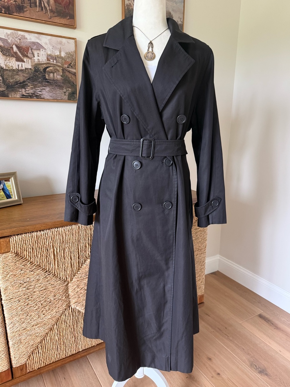 Classic Black Double-Breasted Perry Ellis for Nieman Marcus Trench Coat (8)